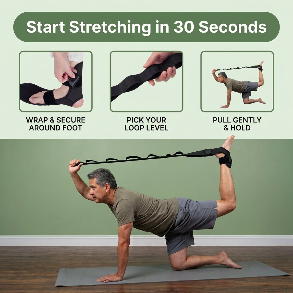 An instructional fitness product image showing a man stretching his leg on a yoga mat with a black ankle strap resistance band. The top half features three panels with step-by-step instructions: 'Wrap & Secure Around Foot', 'Pick Your Loop Level', and 'Pull Gently & Hold', under a green banner that reads 'Start Stretching in 30 Seconds'.
