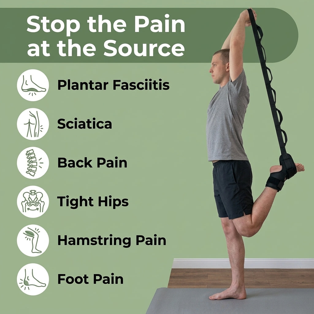 A man demonstrates a stretching exercise using a black strap tool, standing on a yoga mat in an indoor setting. The left side features a green informational panel with text reading 'Stop the Pain at the Source' and lists conditions such as Plantar Fasciitis, Sciatica, Back Pain, Tight Hips, Hamstring Pain, and Foot Pain, each accompanied by a small icon.