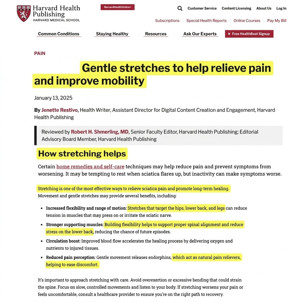 A screenshot of a Harvard Health Publishing article about stretching and pain relief, featuring a white page with red and yellow text highlights and a Harvard Health HHS website header at the top.