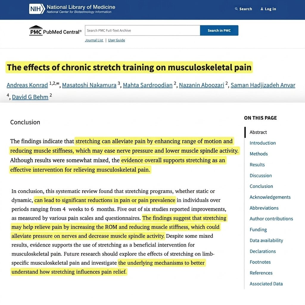 A screenshot of a PubMed Central research article page with the title 'The effects of chronic stretch training on musculoskeletal pain' and a conclusion section highlighted in yellow. The page includes the NIH and PubMed Central logos, search bars, and article metadata.