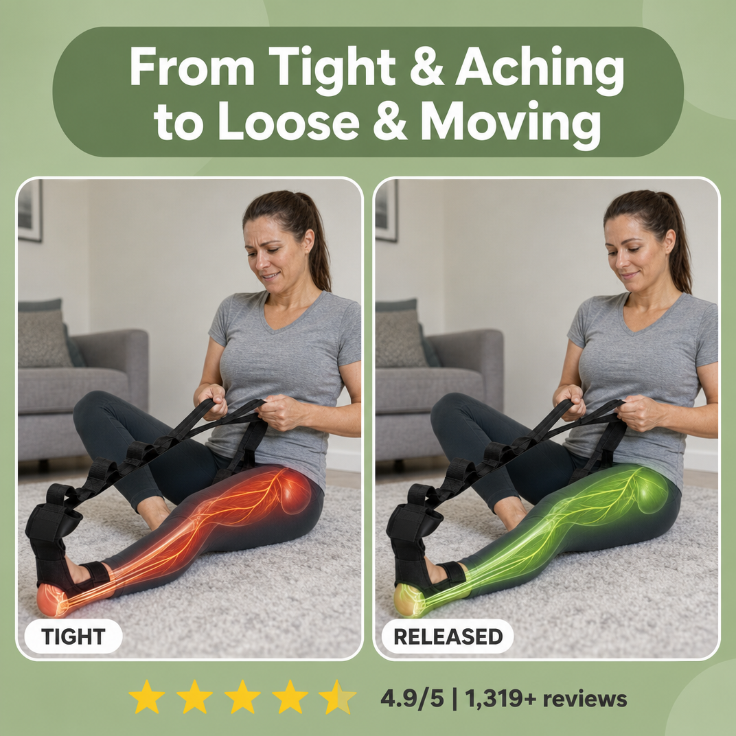 A promotional comparison graphic showing a woman sitting on a carpeted floor using a leg stretcher device in two side-by-side panels labeled TIGHT and RELEASED, with glowing orange and green highlights along the leg. Large text at the top reads 'From Tight & Aching to Loose & Moving,' and a rating banner appears at the bottom.